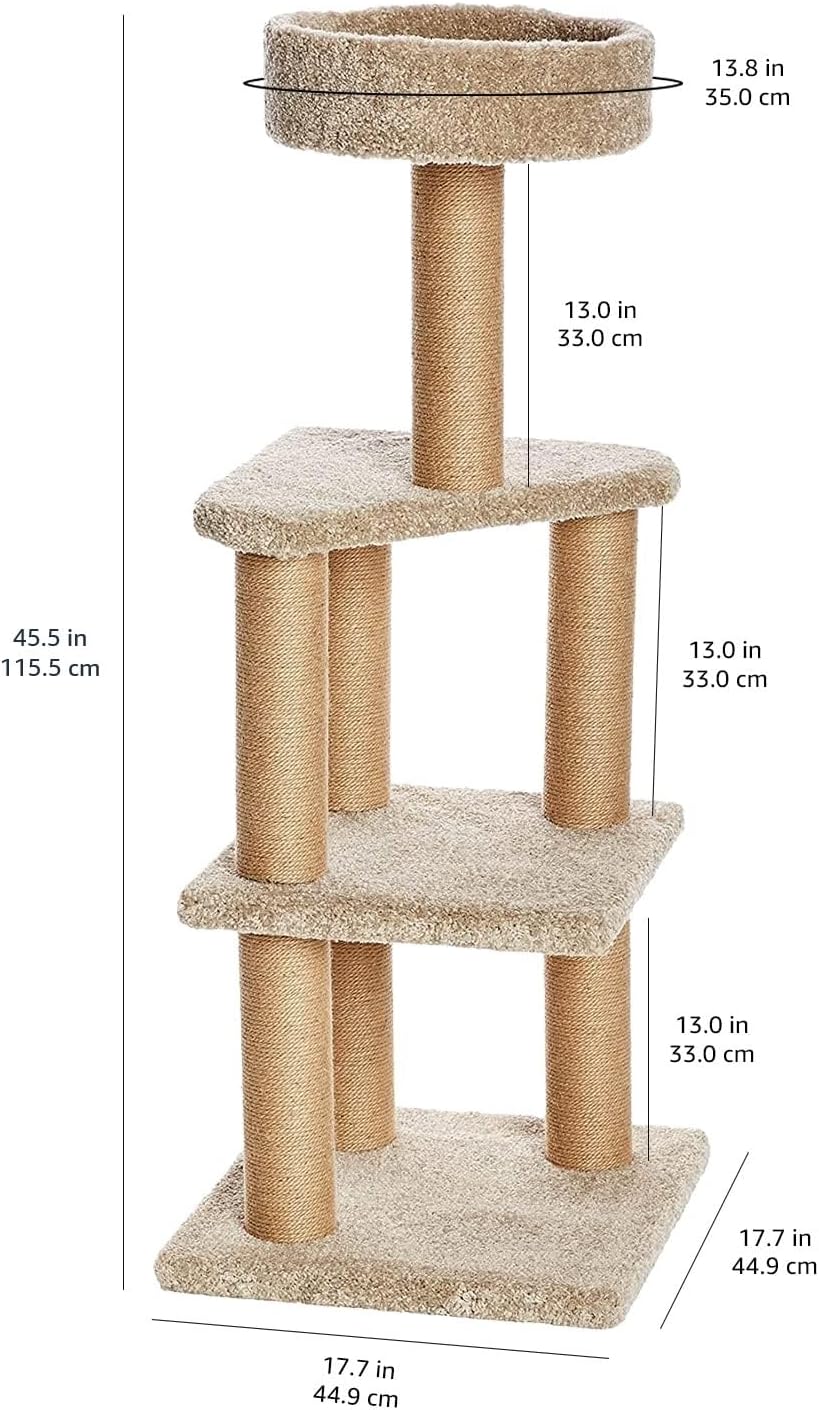Basics Cat Tree Tower - Multi-Level Climbing Activity Center for Indoor Cats & Kittens with Scratching Posts, Platform, Jute Rope, Large (45.9"H), Beige