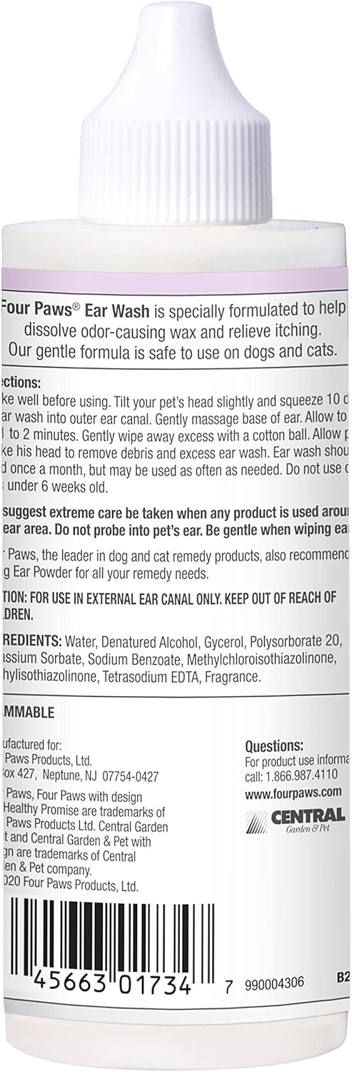 Four Paws Healthy Promise Grooming Soothing Pet Ear Wash Cleaner for Dogs and Cats, Odor Reducing & Itch Relief, 4 oz.