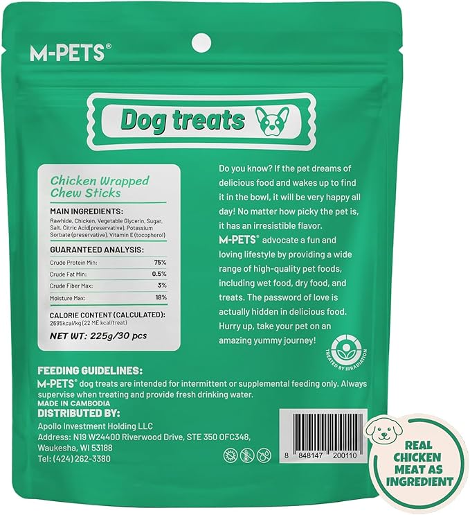 M-PETS Chicken Wrapped Dog Treats 30 pcs Rawhide Chews Sticks, Puppy Training Treat, Snacks for Small and Medium Dogs