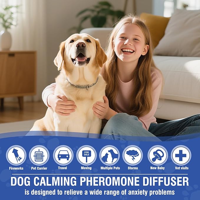 Dog Pheromone Calming Diffuser 4 In 1 Appeasing Pet Pheromones Diffuser to Calm Kit (Plug in+ 3 Pack 48ml Refill)