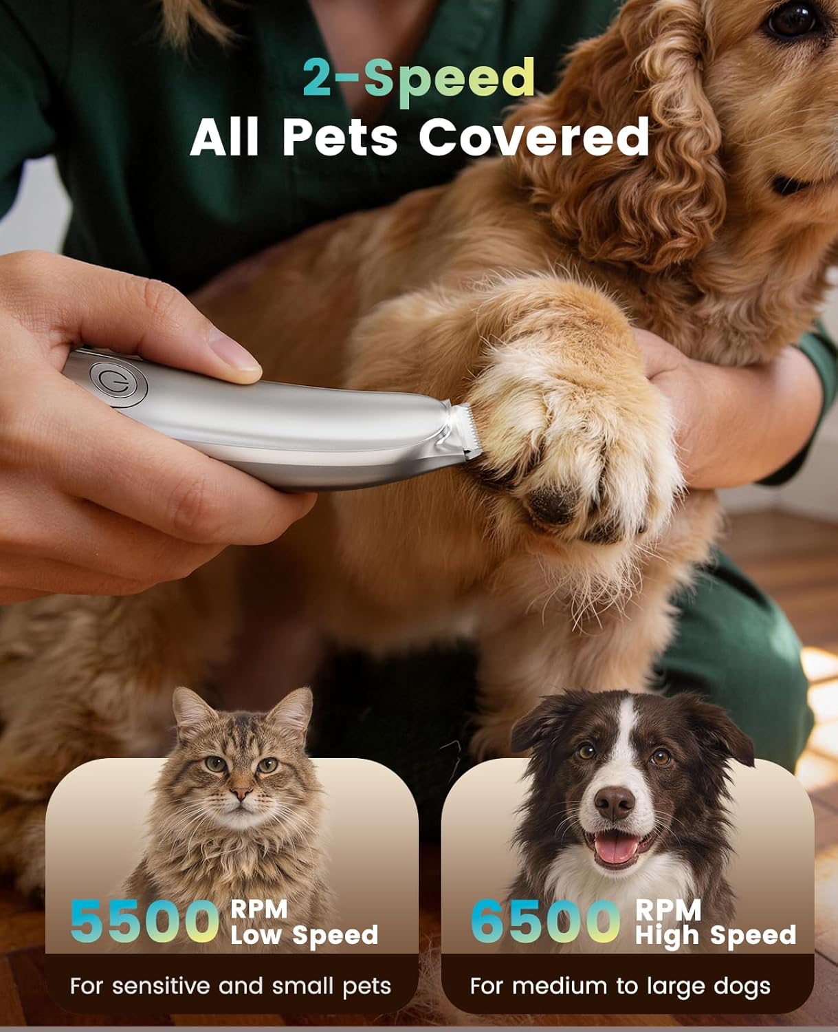 oneisall Dog Paw Trimmer, 2-Speed Up to 6500 RPM, 35dB Low-Noise Safe Pet Paw Trimmers with Curved Blade and LED Light, Cordless Pet Grooming Paw Clipper for Dogs, Cats, Paws, Ears, Face, Rump