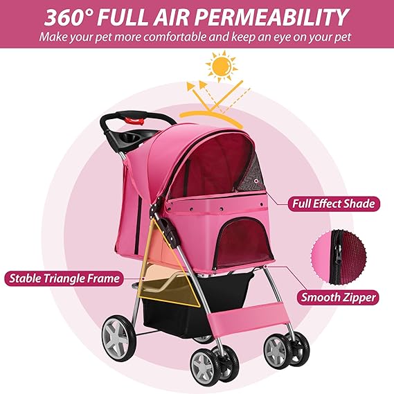 4 Wheels Pet Stroller for Small Medium Dogs Cats 10-33 lbs, Pink