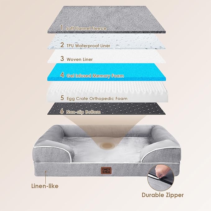 EHEYCIGA Orthopedic Dog Beds for Extra Large Dogs 44x32Inch, Waterproof Memory Foam XL Pet Bed with Sides, Grey