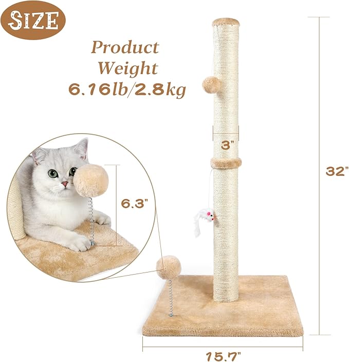 ANWA 32" Tall Cat Scratching Posts for Indoor Cats, 3-in-1 , Beige