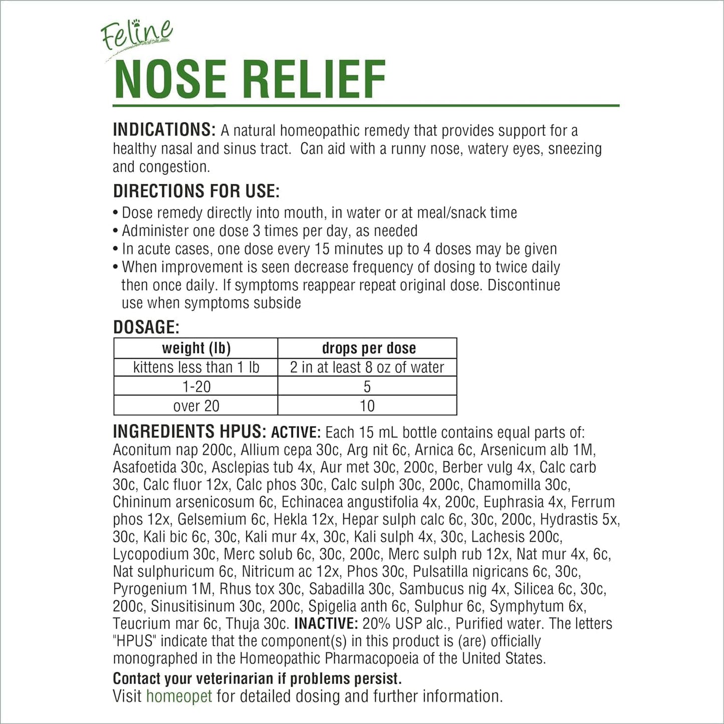 HomeoPet Feline Nose Relief, Safe and Natural Nasal and Sinus Medicine for Cats, Natural Pet Medicine, 15 Milliliters- Pack of 2