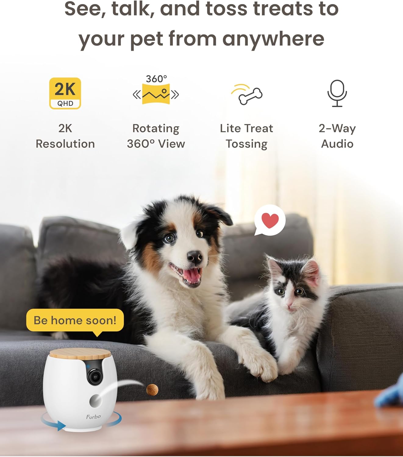 Furbo Mini 360° [New] 2K QHD Pet Camera: Dog & Cat Rotating Treat Dispenser w/Phone App, Smart Indoor Cam with 2-Way Speaker & Night Vision. No Subscription