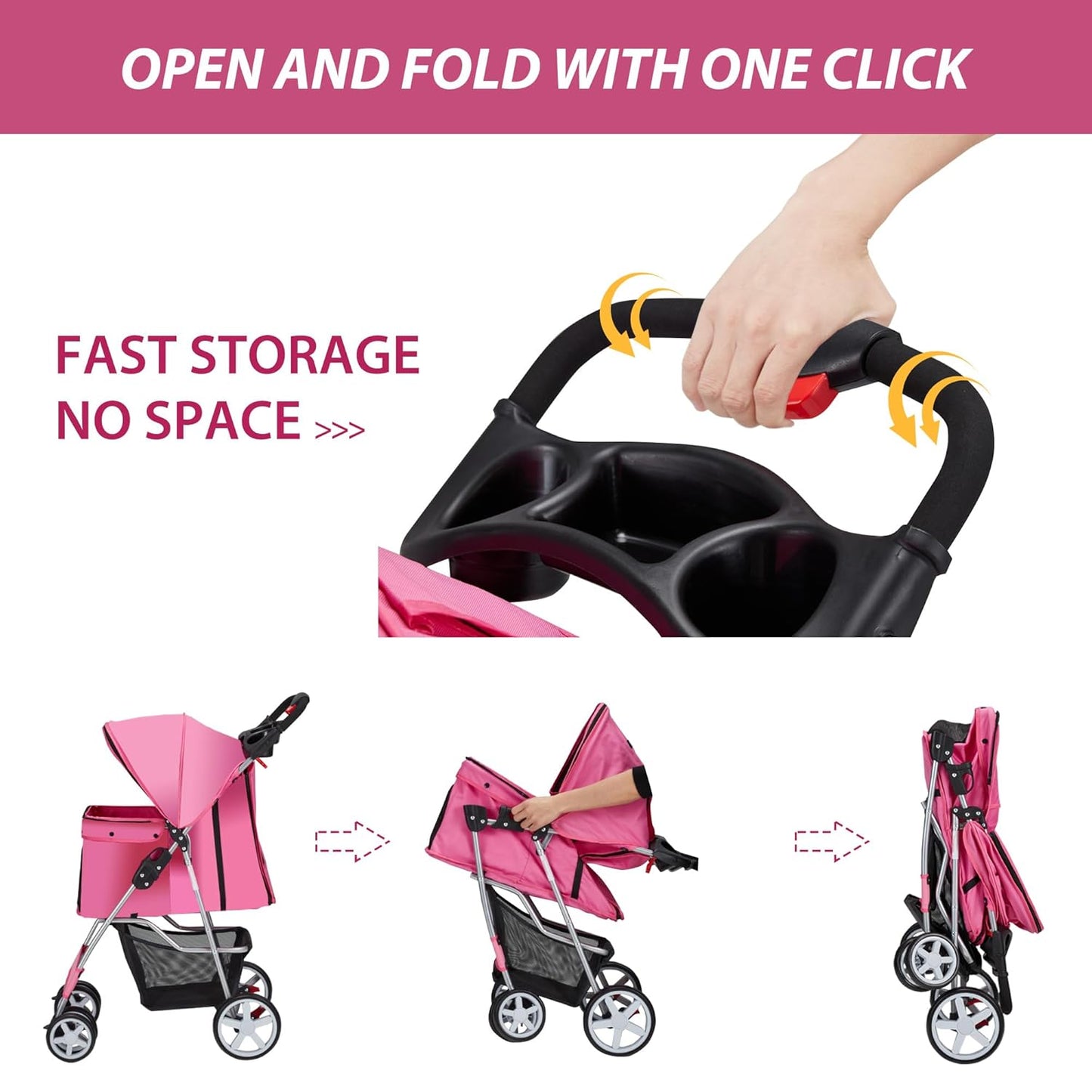 4 Wheels Pet Stroller for Small Medium Dogs Cats 10-33 lbs, Pink