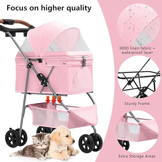 Pet Stroller for Small/Medium Dogs and Cats, Foldable 3 Wheel Jogger with One-Click Fold, Breathable Mesh, Storage Basket, Cup Holder, Weather Cover, (Pink)