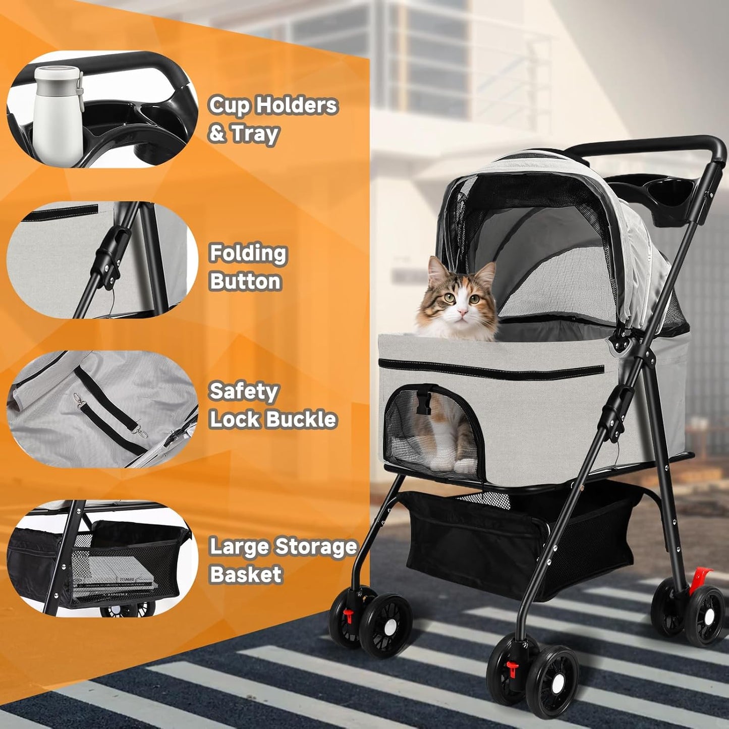 Pet Stroller for Small Dogs and Cats with 4 Wheels, 3 in 1 Foldable Dog Stroller with Detachable Carrier, Breathable Mesh, Storage Basket & Cup Holder, Up to 33 lbs