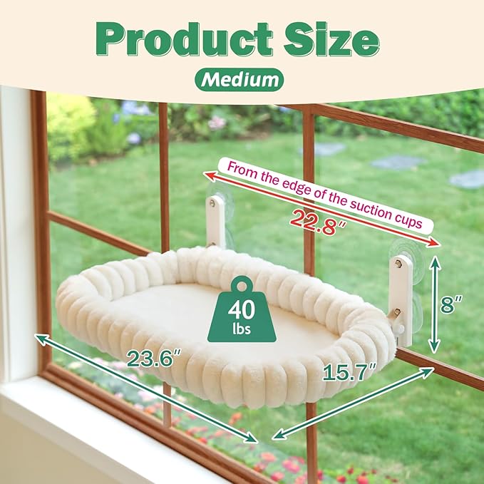 Zakkart SnugCloud Foldable Cat Window Perch - Cordless, (Cream White, Medium)