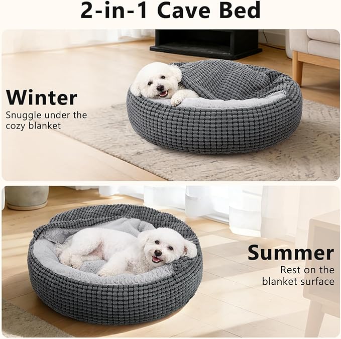 SIWA MARY Small Dog Bed with Attached Blanket, Cozy Donut Cuddler Anti-Anxiety Hooded Pet Beds Calming Cave Bed, 23inch