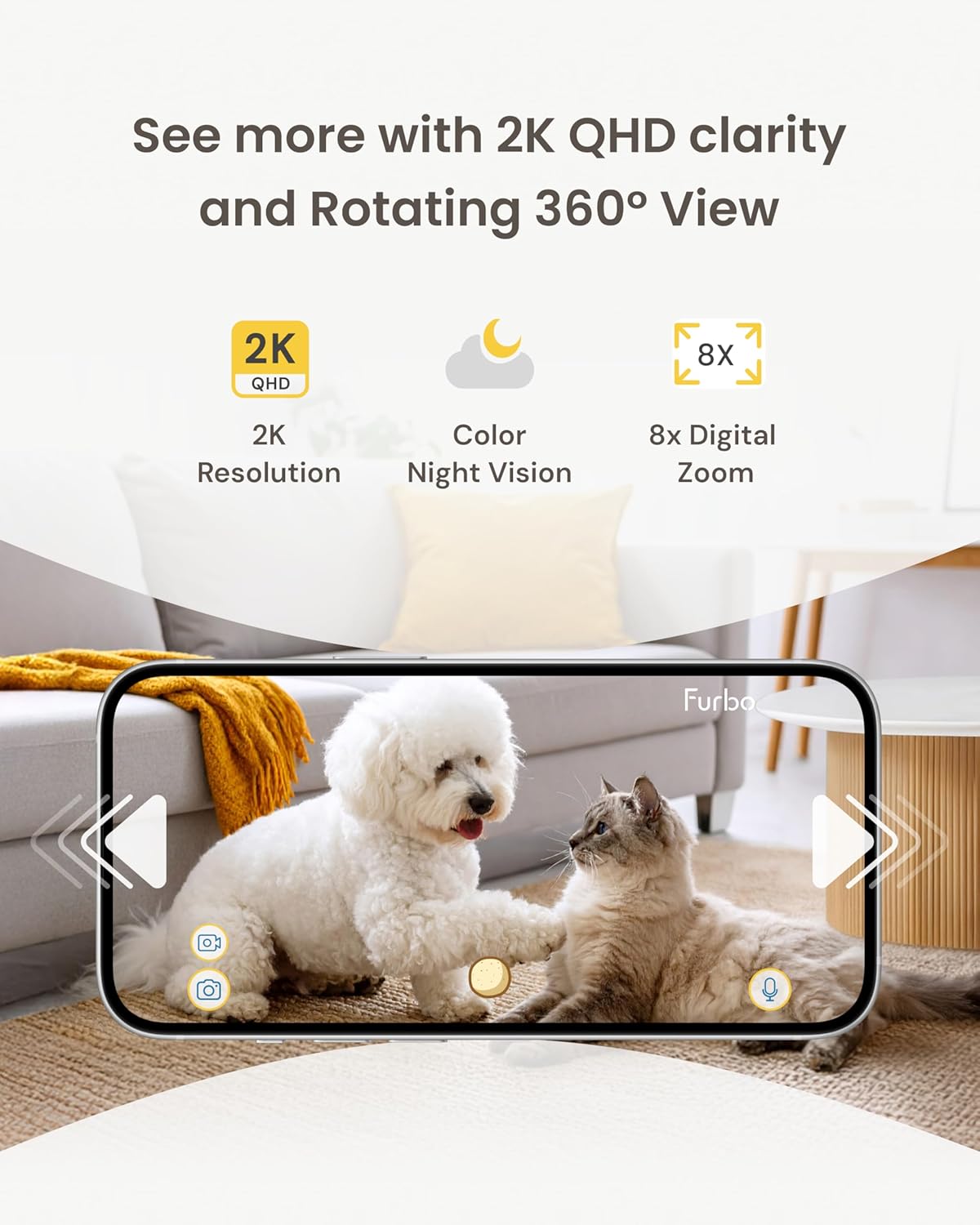 Furbo Mini 360° [New] 2K QHD Pet Camera: Dog & Cat Rotating Treat Dispenser w/Phone App, Smart Indoor Cam with 2-Way Speaker & Night Vision. No Subscription