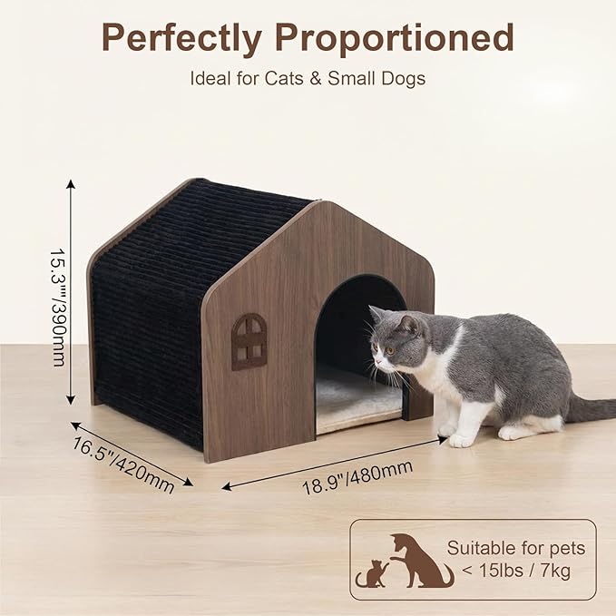 Modern Wooden Cat House Indoor – E0 Grade Enclosed Cat Cave Bed with Washable Cushion, Eco-Friendly Non-Toxic Pet Furniture for Kittens & Medium Cats