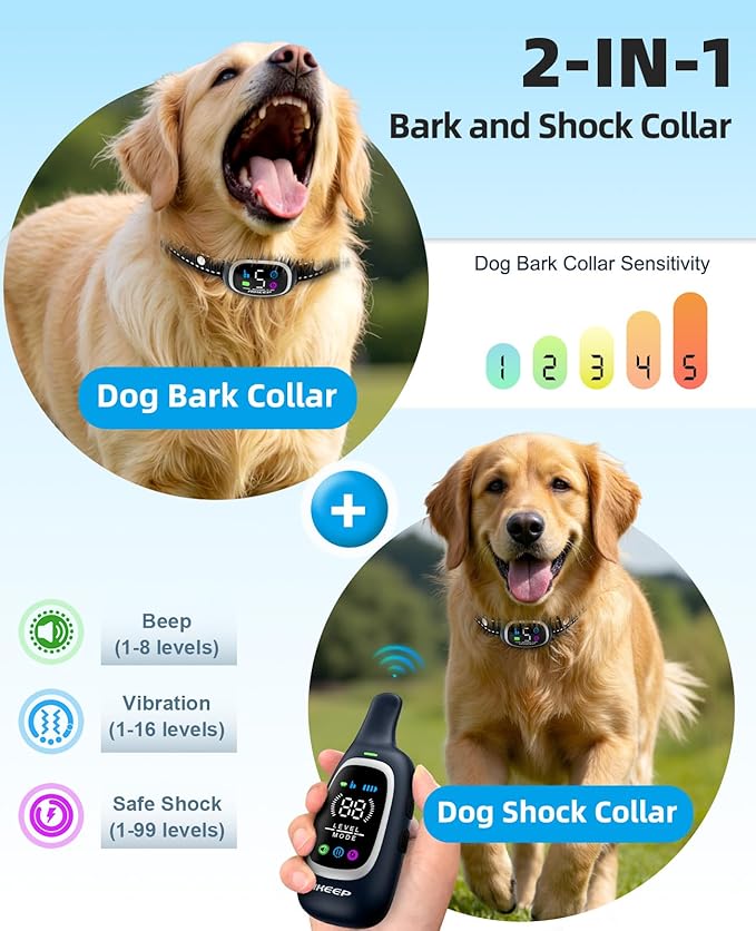 2-in-1 Dog Shock Collar and Bark Collar for Dogs – 3300FT Dog Training Collar with Remote