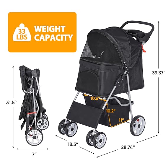 Pet Stroller for Dogs, Black 4 Wheels Cat Strolling Cart Foldable Travel Carrier
