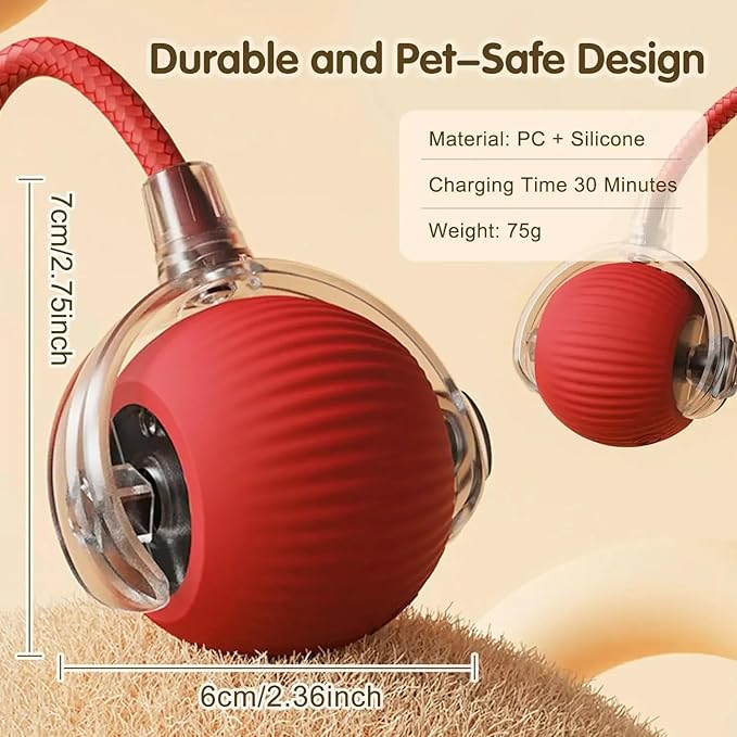 Automatic Cat Ball, RED, LED Lights, Indoors for Active Cats - Rechargeable, Smart Rolling, Speedy Tail/Rope