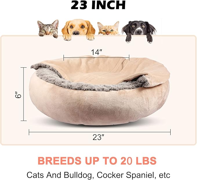 GASUR Small Dog & Cat Bed, 23'' Donut Pet Bed Mat with Hooded Blanket, Anti-Anxiety up to 20lbs