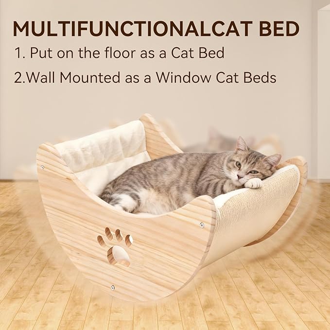 Cat Window Perch Hammock, Wooden Moon Cat Shelves with Strong Suction Cups