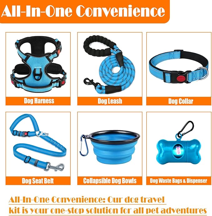 No Pull Dog Harness, Collar & Leash Set with Retractable Dog Seat Belt, Fits Small to Large Dogs(Blue-M)