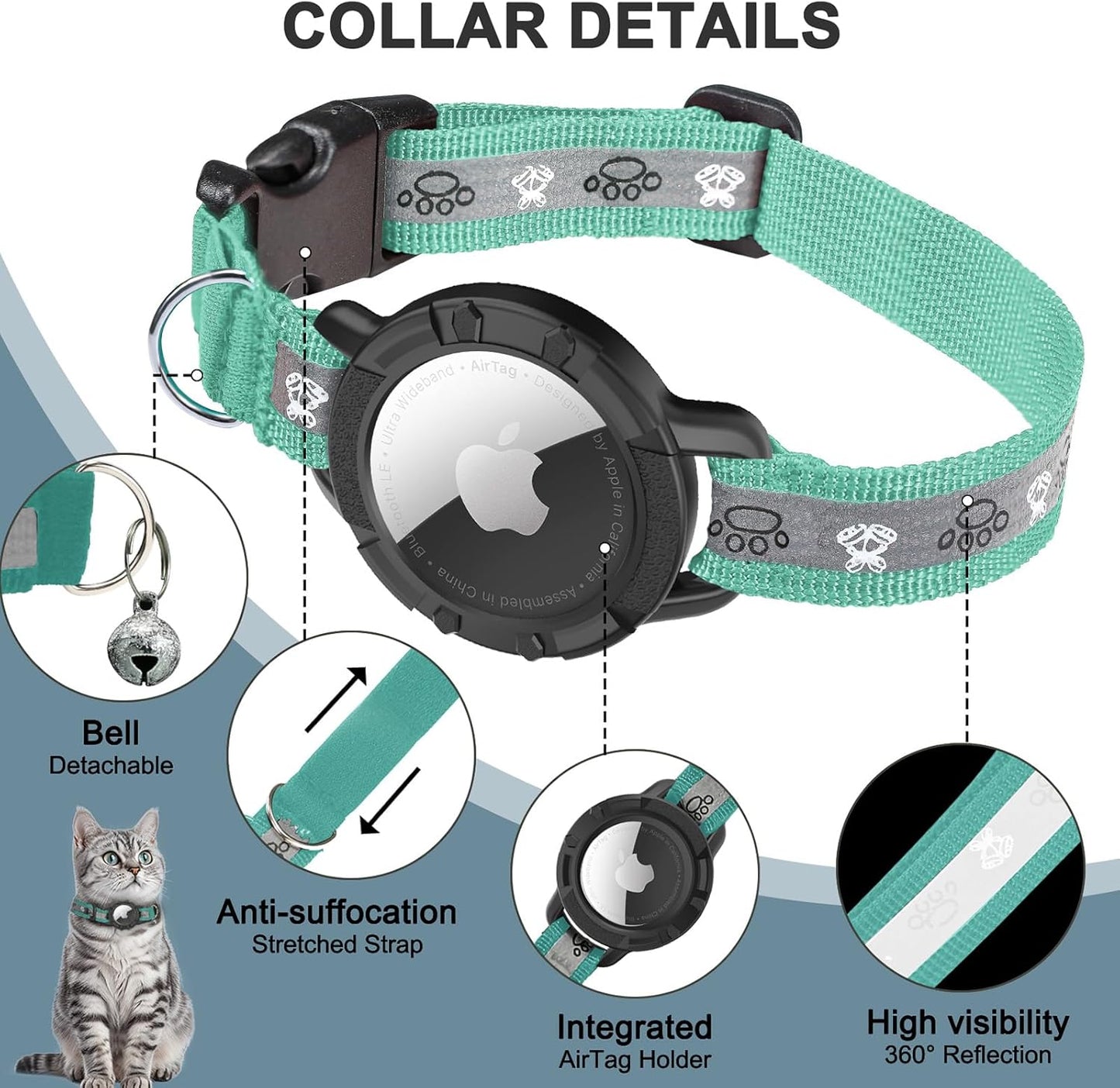 Reflective AirTag Cat Collar, Integrated Cat Tracker Collar with Air Tag Holder and Bell