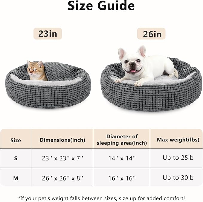 SIWA MARY Small Dog Bed with Attached Blanket, Cozy Donut Cuddler Anti-Anxiety Hooded Pet Beds Calming Cave Bed, 23inch