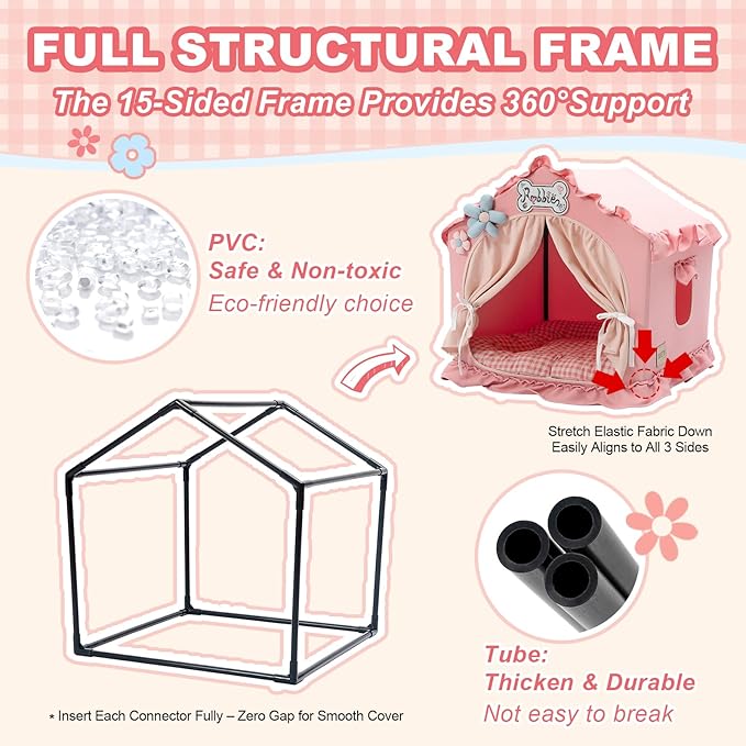 Jiupety Indoor Dog House with Frame, Cute Dog Tent Bed with Cover Cave, Breathable, Washable, and Foldable House, Suitable for 10-20 Lb Puppy and Cats, Medium (17"×17"×17"), Pink