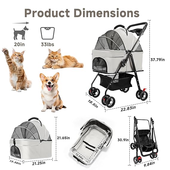 Pet Stroller for Small Dogs and Cats with 4 Wheels, 3 in 1 Foldable Dog Stroller with Detachable Carrier, Breathable Mesh, Storage Basket & Cup Holder, Up to 33 lbs