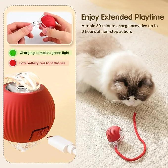 Automatic Cat Ball, RED, LED Lights, Indoors for Active Cats - Rechargeable, Smart Rolling, Speedy Tail/Rope