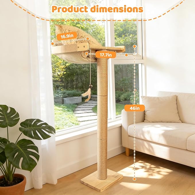 Cat Window Perch with 3 Adjustable Sisal Scratching Posts, Drill-Free Suction Cups, 45 lbs Capacity