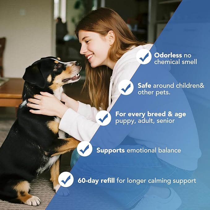 120Day Adanced Dog Calming Diffuser, Calming Pheromones Diffuser Kit Appeasing Pheromone Diffuser to Calm (2Plug in+4Refill+Interactive GiftCard) for Anxiety Separation Aggression Barking Stress