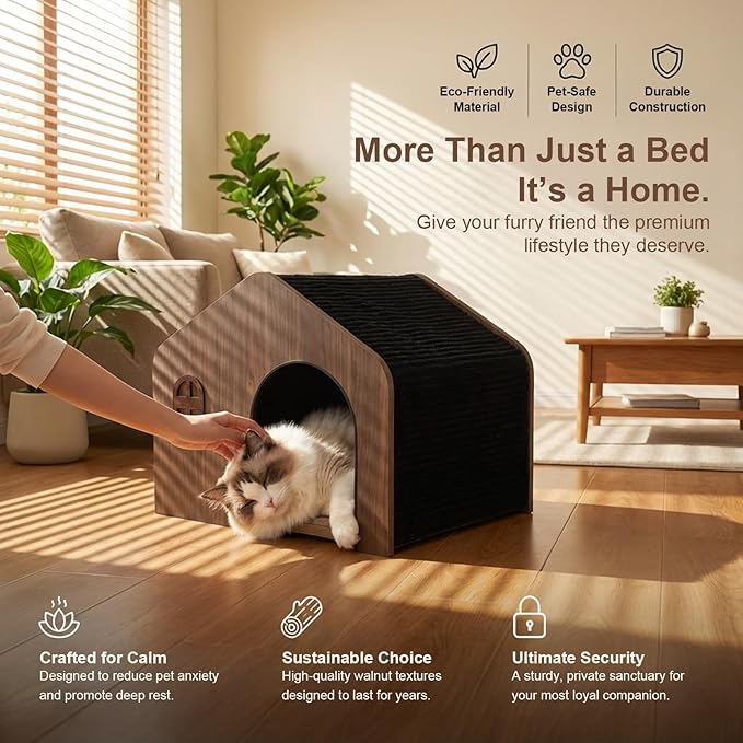 Modern Wooden Cat House Indoor – E0 Grade Enclosed Cat Cave Bed with Washable Cushion, Eco-Friendly Non-Toxic Pet Furniture for Kittens & Medium Cats