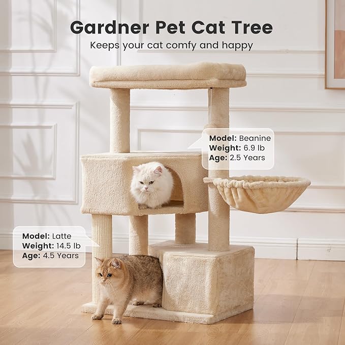 Gardner Pet 41" Tall Cat Tree for Medium Large Cats, Heavy Duty Cat Trees Tower with 2.8in Posts & Washable Top Perches