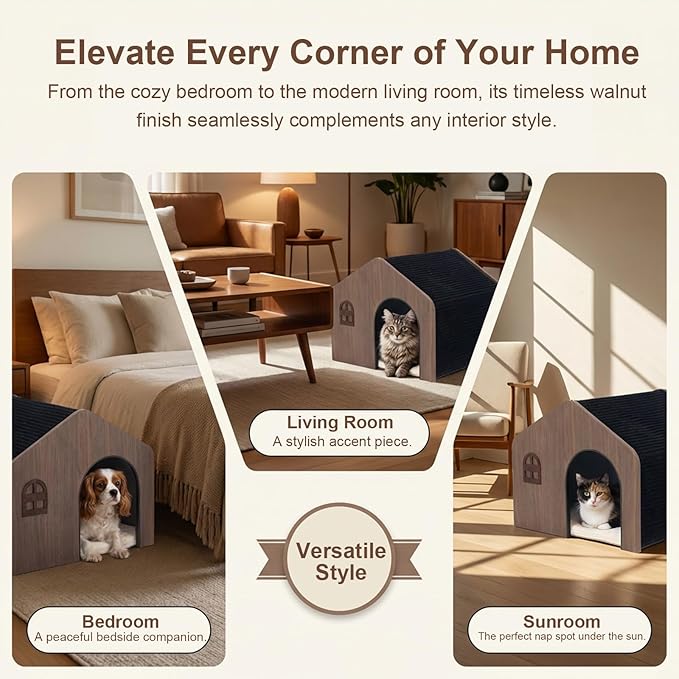 Modern Wooden Cat House Indoor – E0 Grade Enclosed Cat Cave Bed with Washable Cushion, Eco-Friendly Non-Toxic Pet Furniture for Kittens & Medium Cats