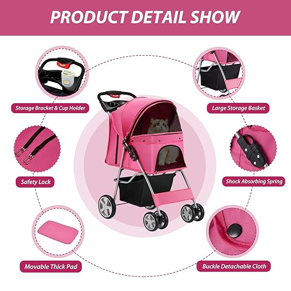 4 Wheels Pet Stroller for Small Medium Dogs Cats 10-33 lbs, Pink