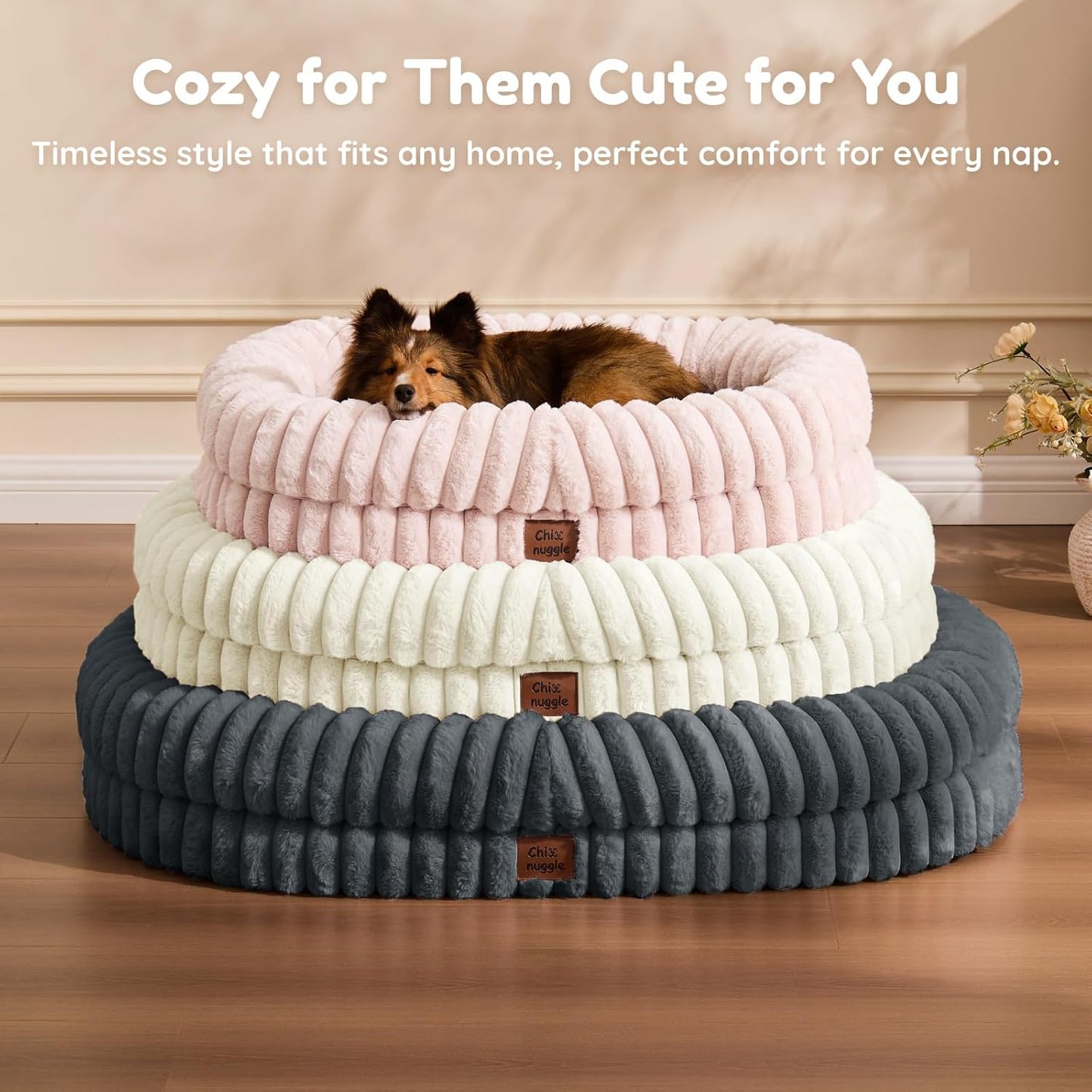 Dog Bed Medium Sized Dog - Luxury Striped Faux Fur Waterproof Pet Couch with Removable Washable Cover