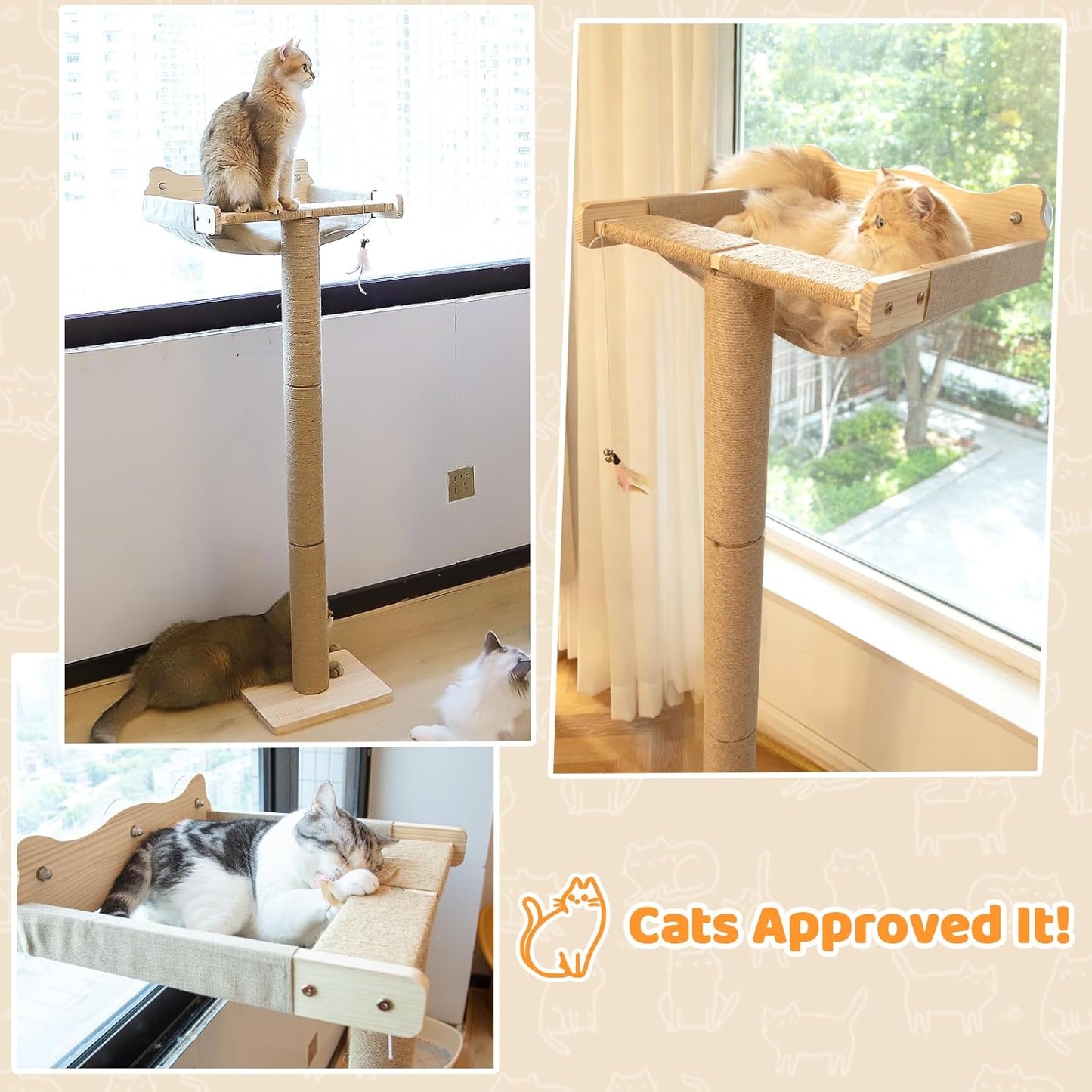 Cat Window Perch with 3 Adjustable Sisal Scratching Posts, Drill-Free Suction Cups, 45 lbs Capacity
