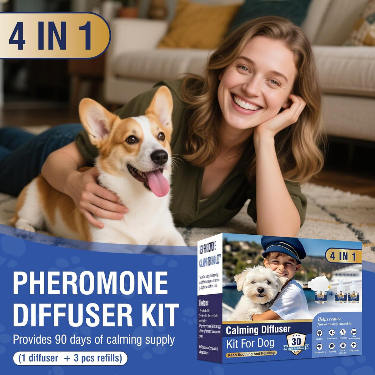 Dog Pheromone Calming Diffuser 4 In 1 Appeasing Pet Pheromones Diffuser to Calm Kit (Plug in+ 3 Pack 48ml Refill)