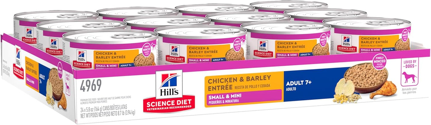 Hill's Science Diet Small & Mini, Senior Adult 7+, Small & Mini Breeds Senior Premium Nutrition, Wet Dog Food, Chicken & Barley Loaf, 5.8 oz Can, Case of 24