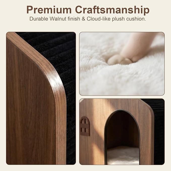 Modern Wooden Cat House Indoor – E0 Grade Enclosed Cat Cave Bed with Washable Cushion, Eco-Friendly Non-Toxic Pet Furniture for Kittens & Medium Cats