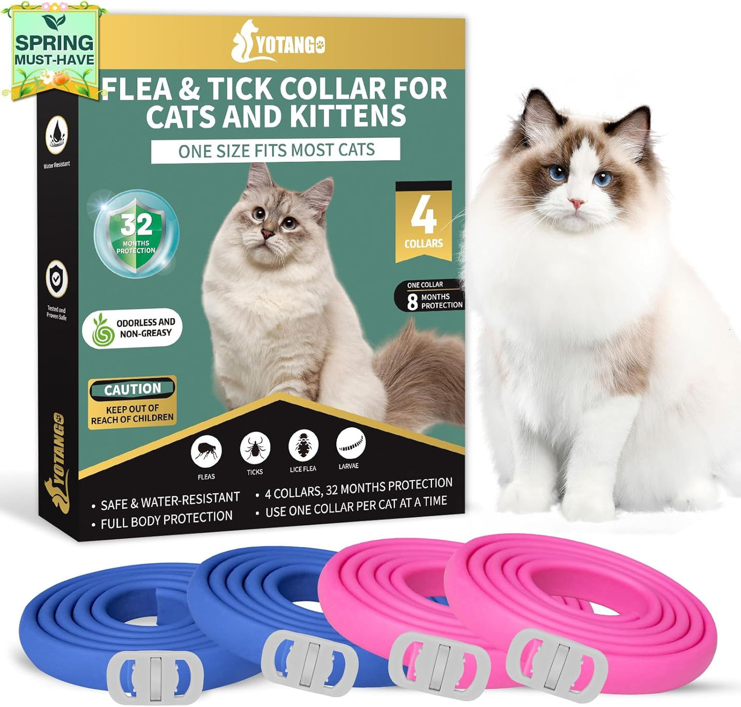 4 Pack Flea Collar for Cats, 32 Months Flea and Tick Prevention for Cat, Waterproof & Natural Cat Flea and Tick Treatment, Adjustable for Cats Kittens(Blue&Pink)