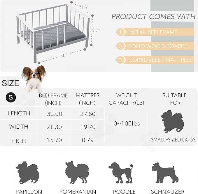 Dog Bed with Rails - Elevated Pet Metal Bed Frame, 21.3" x 30 ", White