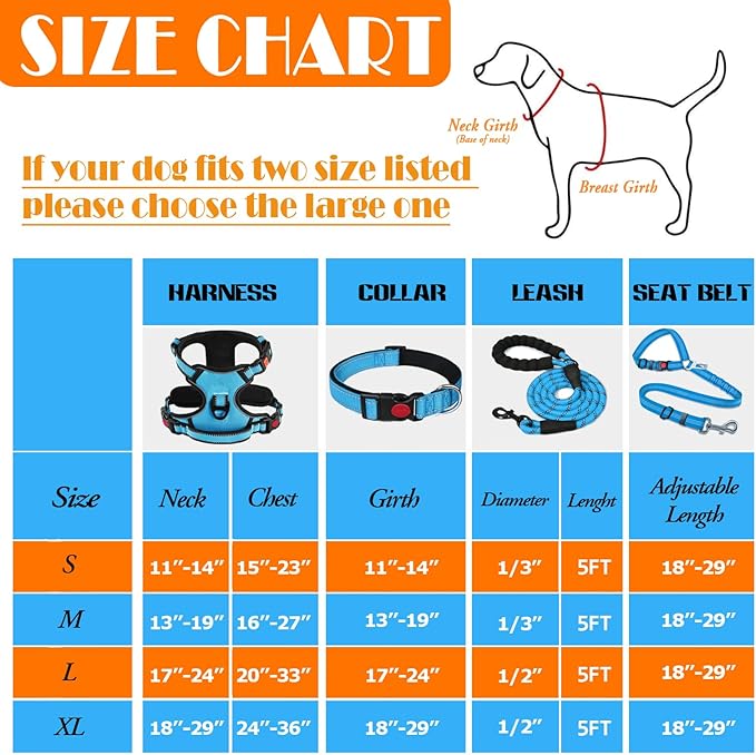No Pull Dog Harness, Collar & Leash Set with Retractable Dog Seat Belt, Fits Small to Large Dogs(Blue-M)