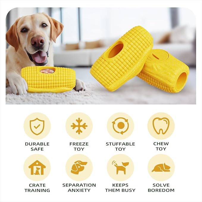 Interactive Dog Toys for Aggressive Chewers, Indestructible Dog Toy to Keep Them Busy, Corn-Shaped Durable Dog Chew Toys for Large & Medium Breeds, Frozen Treat Holder for Anxiety Relief & Dental Care
