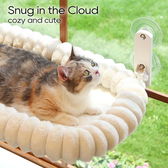 Zakkart SnugCloud Foldable Cat Window Perch - Cordless, (Cream White, Medium)