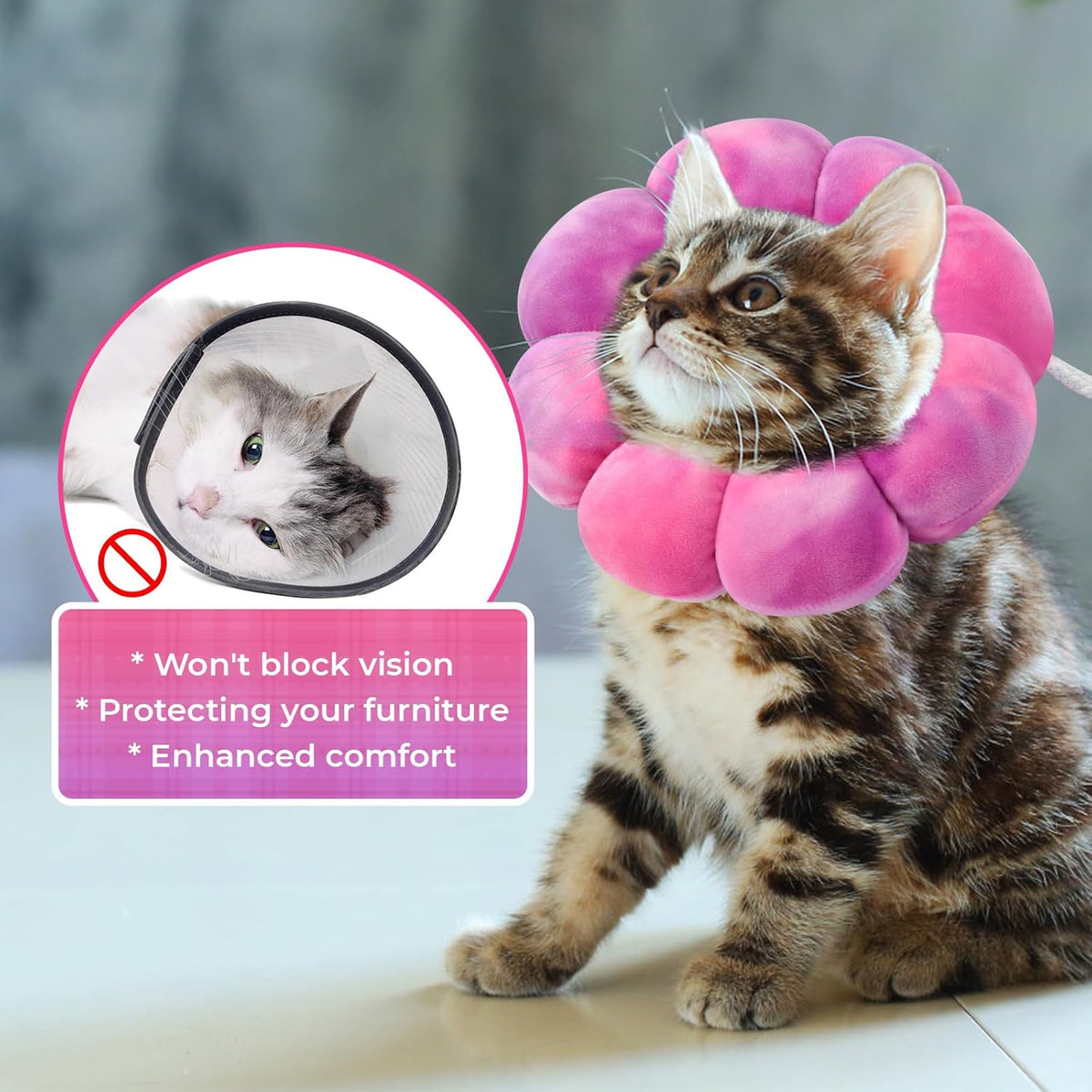 Flower Cat Cone, Uadonile Adjustable Cat Cone Collar, Soft Dog Elizabethan Collar Recovery E Collar After Surgery, Recovery E-Collar for Kittens/Puppies and Cats Recovery(Tie-dye Rose Purple, S)