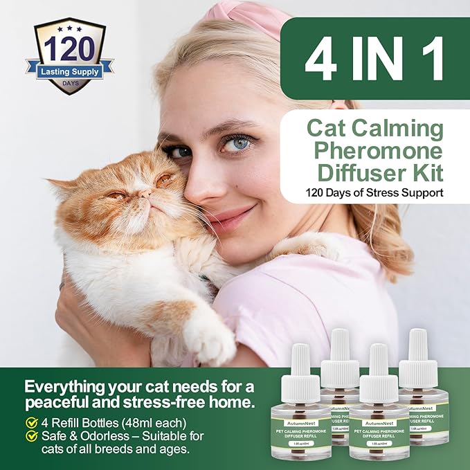 Cat Calming Pheromone Diffuser Refills, 4 Pack 48ml, Helps Relieve Cat Anxiety, Reduce Stress