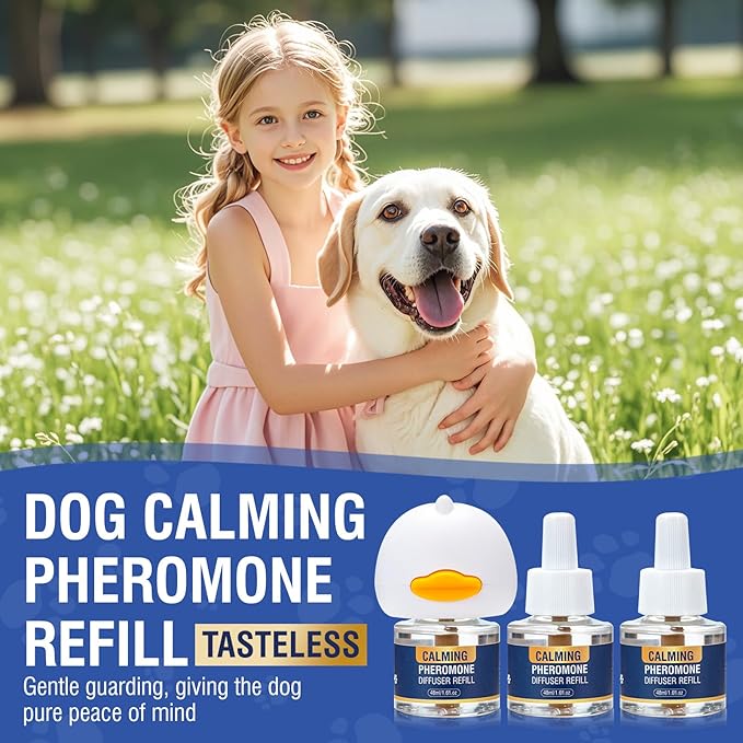 Dog Pheromone Calming Diffuser 4 In 1 Appeasing Pet Pheromones Diffuser to Calm Kit (Plug in+ 3 Pack 48ml Refill)