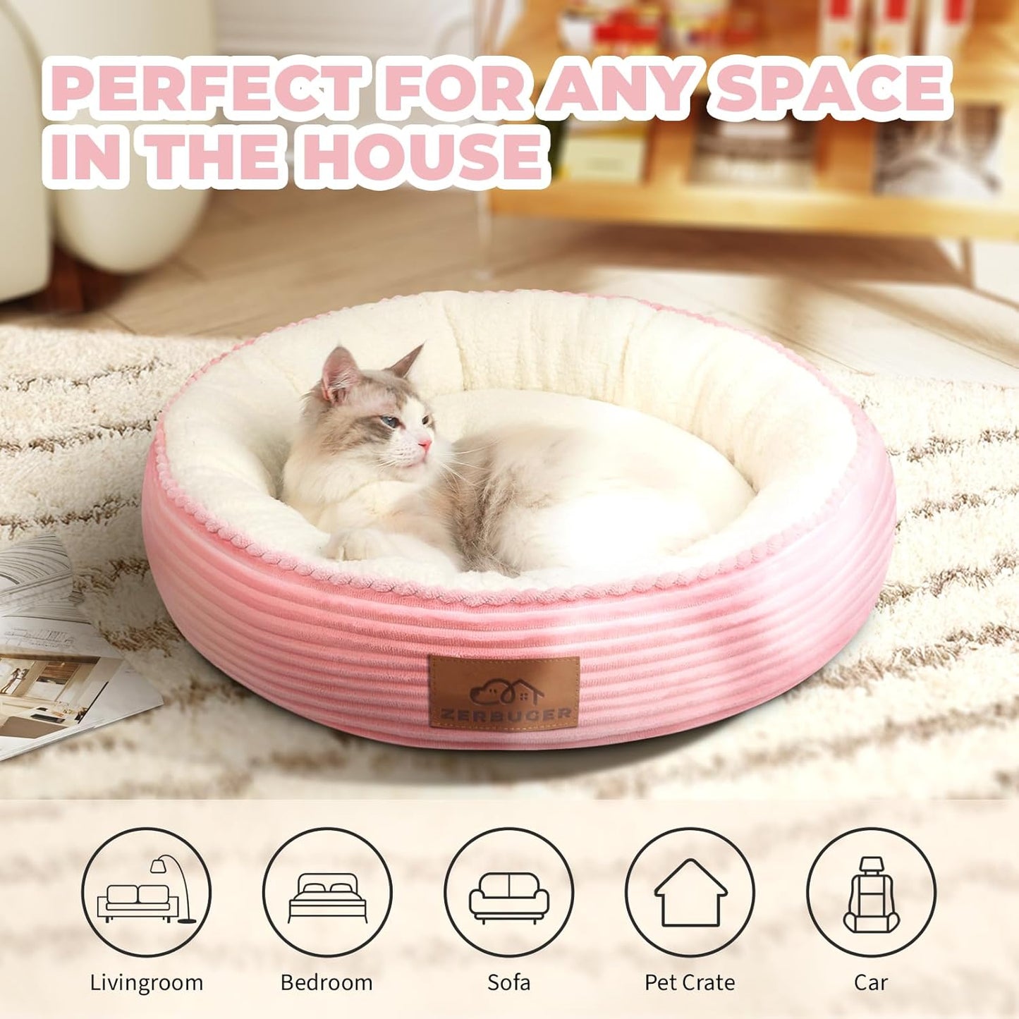 20in Washable Cat Beds for Indoor Cats - Round Donut Pet Bed for Cats, Small Dogs