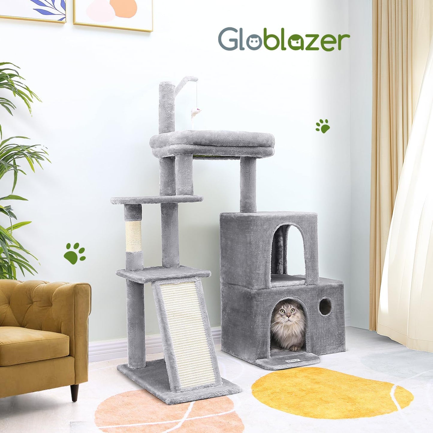 Globlazer Cat Tower for Indoor Adult Cats, 50-inch Heavy Duty Cat Tree House for Big Cats with Extra-Large Padded Platform, Sisal Scratching Board, 2 Large Condos, F50, Light Grey