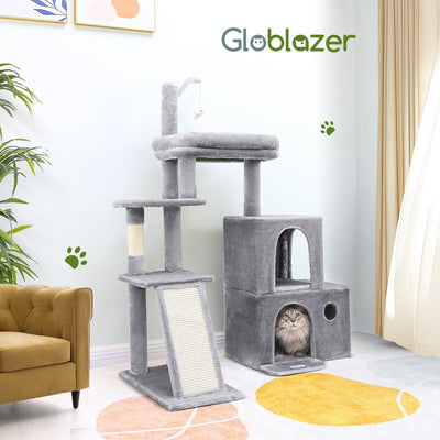 Globlazer Cat Tower for Indoor Adult Cats, 50-inch Heavy Duty Cat Tree House for Big Cats with Extra-Large Padded Platform, Sisal Scratching Board, 2 Large Condos, F50, Light Grey
